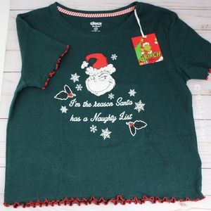 The Grinch Women's "Naughty List" Lettuce Hem Short Sleeve Ribbed PJ Lounge Top